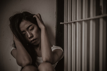 Hands of women desperate to catch the iron prison,prisoner concept,thailand people,Hope to be...