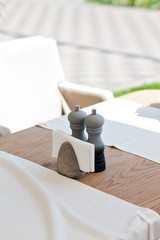 Table and chairs in park cafe. Modern design interior. Concept of vacation and leisure