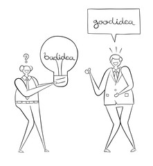 The boss presents a bad idea to his worker and asks. He's scared and says it's a good idea.