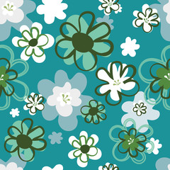 Pretty floral seventies seamless pattern in blues and greens. Funky, layered  flower blooms in a lively all over print. Great for textiles, home decor, stationery, paper goods and fashion use. Vector.