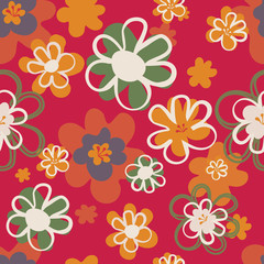 Fototapeta na wymiar Pretty floral seventies seamless pattern in red, orange and green. Layered flower blooms in a lively all over print. Great for textiles, home decor, stationery, paper goods and fashion use. Vector.