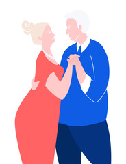 Two loving seniors man woman hugging dancing face to face.