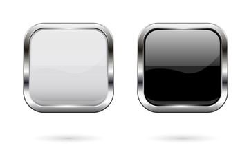 Square glass buttons. Black and white icons with metal frame