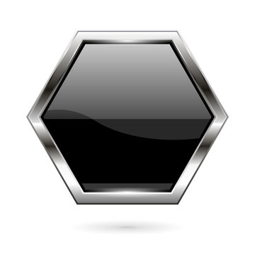 Black Glass Button. 3d Shiny Hexagon Icon