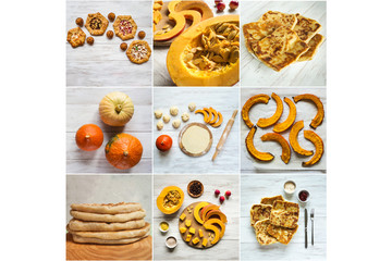 Collage showing the cooking autumn pies with pumpkin