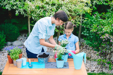 Mother and daughter planting flowers in pots in the garden - concept of working together, closeness, spending free time with family