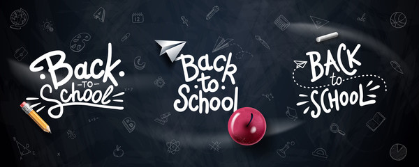 Fototapeta na wymiar Back to School typography. Vector badges, labels and logos. School Background. Hand drawn lettering. Blackboard background with red apple, pencil, paper plane and chalk.