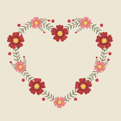 Floral greeting card and invitation template for wedding or birthday, Vector heart shape of text box label and frame, Red portulaca flowers wreath ivy style with branch and leaves.