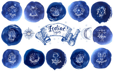 Collection of astrology signs on blue watercolor background