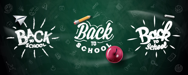 Back to School typography. Vector badges, labels and logos. School Background. Hand drawn lettering. Blackboard background with red apple, pencil, paper plane and chalk.