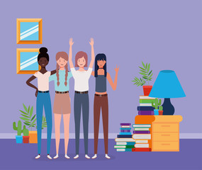 young and beautiful interracial girls group in the house