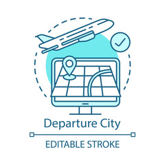 Departure city concept icon. Plane flying up idea thin line illustration. Travel, journey. Aircraft taking off. Departure route. Destination country. Vector isolated outline drawing. Editable stroke