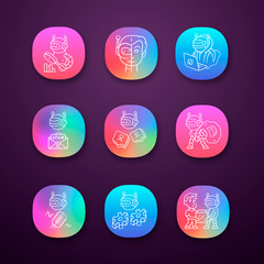 Internet bots app icons set. Hacker, spam, impersonator, monitoring, work, scraper robots. Artificial intelligence. UI/UX user interface. Web or mobile applications. Vector isolated illustrations