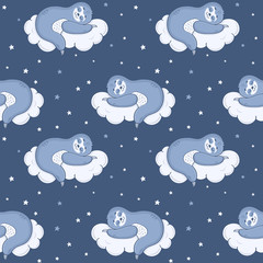 Seamless pattern with sloth sleeping on a cloud. Vector.