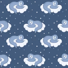 Wall murals Sloths Seamless pattern with sloth sleeping on a cloud. Vector.