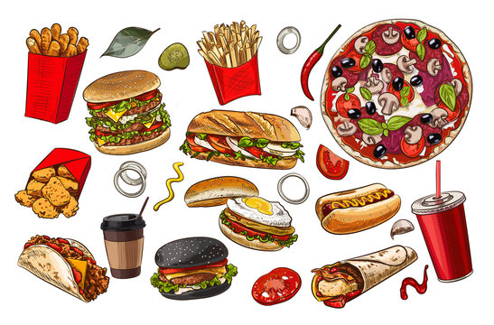 Fast Food Sketch  For Fastfood Restaurant Or Bistro. Vector Cheeseburger Burger Or Hotdog Sandwich Snack, French Fries Or Pizza And Coffee Or Soda Drink, Taco And Black Burger