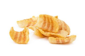 Fried wheat-potato snack with smoked bacon flavor isolated on white background