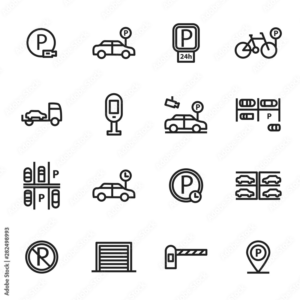 Poster Parking Sign Black Thin Line Icon Set. Vector