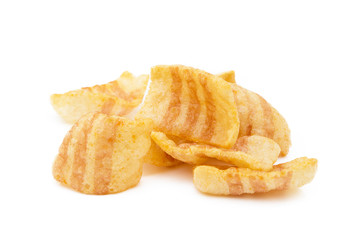 Fried wheat-potato snack with smoked bacon flavor isolated on white background