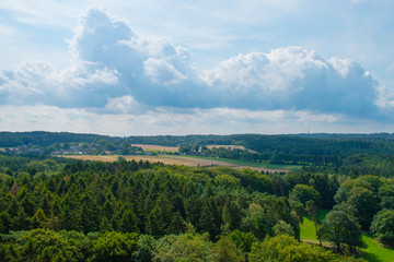 Panorama of countryside, forest , field and fluffy clouds, nature background