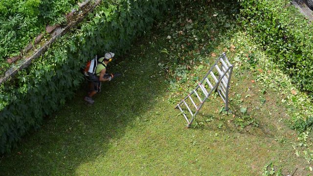 Gardening works. Gardener at the end of the cutting work cleans the lawn with a blower.