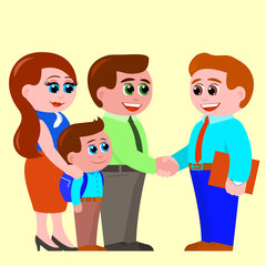 Obraz premium Young parents and a small son with a backpack get acquainted with a school teacher a man. Everyone is very happy. Vector illustration in cartoon style on a yellow background.