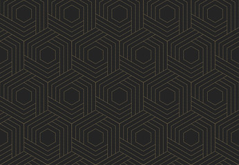 Seamless striped wicker pattern. Dark and gold texture. Repeating geometric background. Striped hexagonal grid. Linear graphic design - 282501722