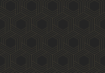 ШестигранникSeamless striped wicker pattern. Dark and gold texture. Repeating geometric background. Striped hexagonal grid. Linear graphic design