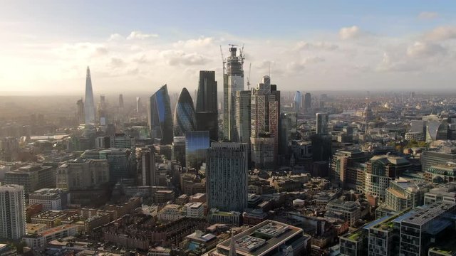 Aerial: London Cityscape with Group of Skyscrapers, United Kingdom