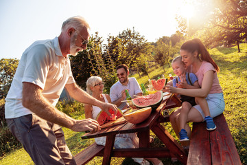 Happy big family having lunch in the garden