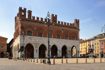 gothic building in cavalli square in piacenza city in italy  - obrazy, fototapety, plakaty