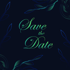 Save The Date card or wedding invitation templates decorated with elegant blooming garden flowers, inflorescences, leaves and buds hand drawn on black background. Botanical vector illustration