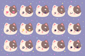 Fototapeta premium Colorful vector set of small cute cat emoticons. Collection isolated funny muzzle kitten with different emotion in cartoon style.