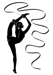 Rhythmic gymnastics. Silhouette of a girl with a ribbon. Beautiful gymnast. The woman is slim and young. Vector illustration.