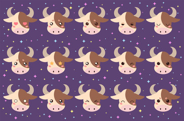 Colorful vector set of small cute cow emoticons. Collection isolated funny muzzle neat with different emotion in cartoon style.