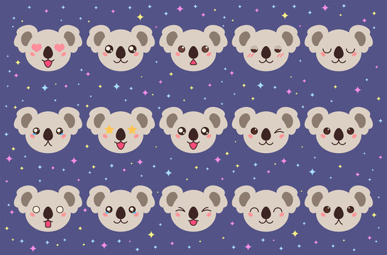 Colorful vector set of small cute koala emoticons. Collection isolated funny muzzle bear neat with different emotion in cartoon style.