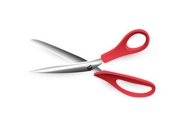 Open scissors icon with red handle on white background.