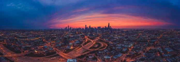 Rolgordijnen Zonsopgang Westloop Chicago Panorama © Drone Dood