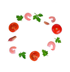 Tomatoes and shrimps isolated on white