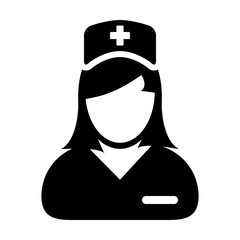 Healthcare icon vector female person profile avatar with a stethoscope for medical doctor consultation in Glyph Pictogram illustration