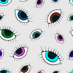 Eye seamless pattern. Vector hand drawn wink, open, eyes with lash background, isolated on grey backgraund