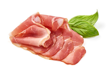 Italian prosciutto crudo or spanish jamon, isolated on white background