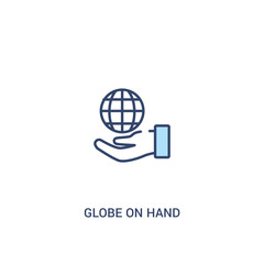 globe on hand concept 2 colored icon. simple line element illustration. outline blue globe on hand symbol. can be used for web and mobile ui/ux.