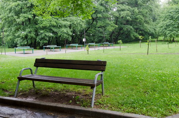 Table Tennis complex with lighting and many tables on a rainy day in rila park near town Dupnitsa, Bulgaria   