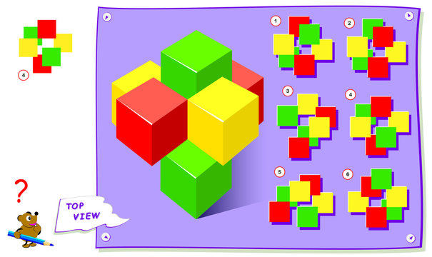 Logic puzzle game for kids. Need to find correct top view of cubes. Worksheet for school textbook. Printable page for brainteaser book. Development of children spatial thinking skills.