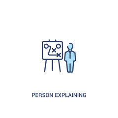 person explaining strategy on a board with a sketch concept 2 colored icon. simple line element illustration. outline blue person explaining strategy on a board with sketch symbol. can be used for