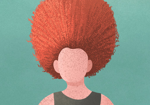 A woman with freckles and curly red hair on green background