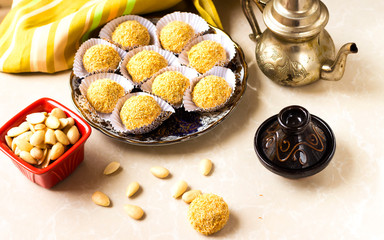 Algerian Kadaif cookies ( translated in english sweet noddles )  made with walnuts and almond, cocoa and white chocolate