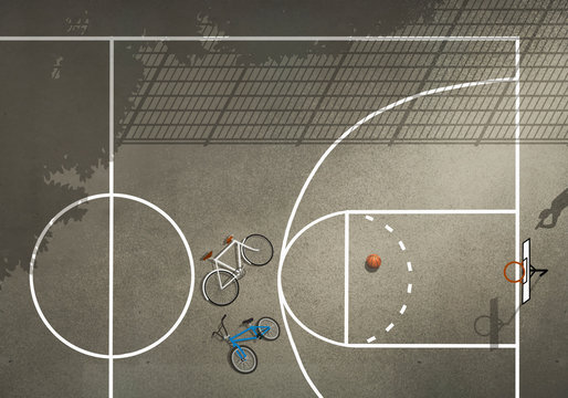 View from above bicycles and basketball on basketball court