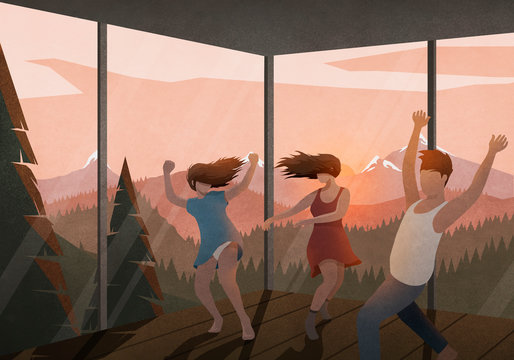 Carefree friends dancing in house with sunset mountain view